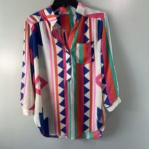 Xtaren Geometric Colorful Sheer‎ Tunic Blouse, Size Medium